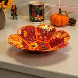 Hand Crafted Basket Center Piece Floral Quilted Bowl 8” round by 3” tall